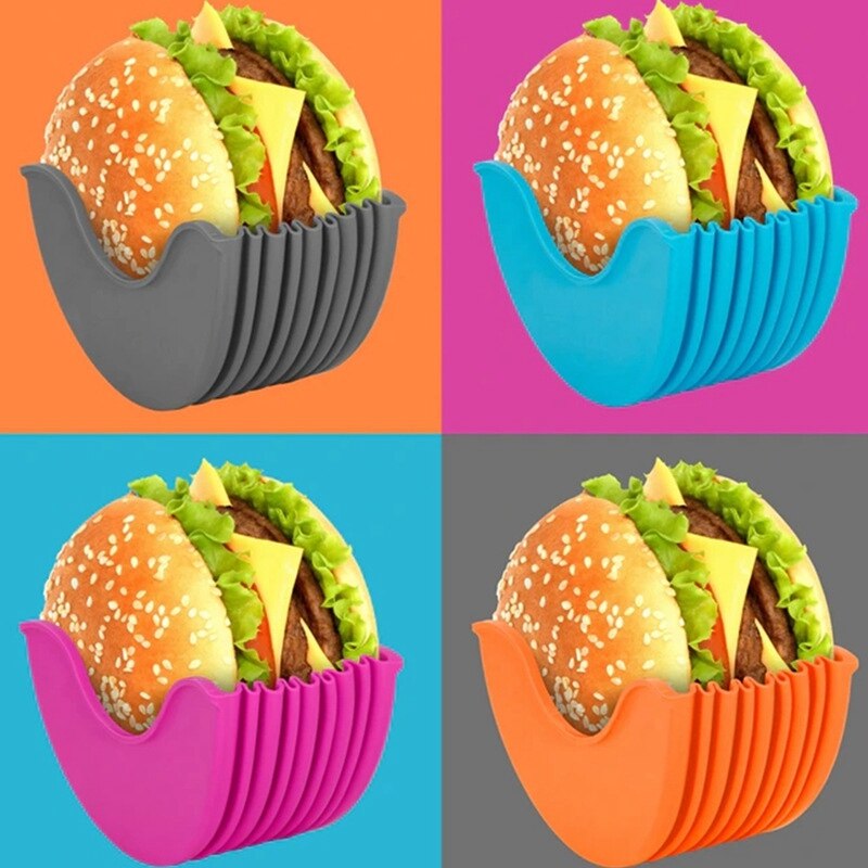 2PC Reusable Burger Holder Burger Buddy Fixed Box, Expandable Adjustable Silicone Burger Holder Hamburger Box