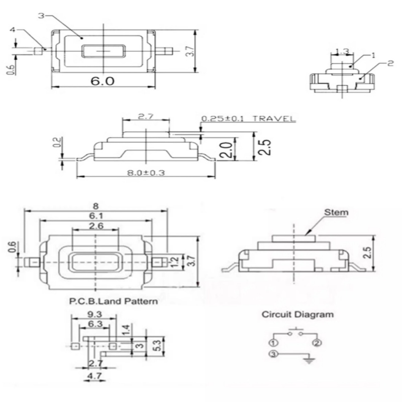 (100 sztuk/partia) Przełącznik taktowy SMD 3x6x2,5 mm, 2 piny, mikro/przyciskowy, typ chwilowy