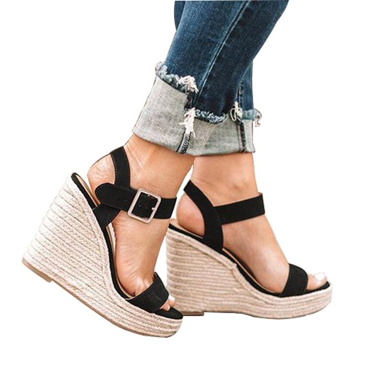 Sandalias romanas con plataforma y hebilla para mujer, cuñas, zapatos de verano,: Black / 39