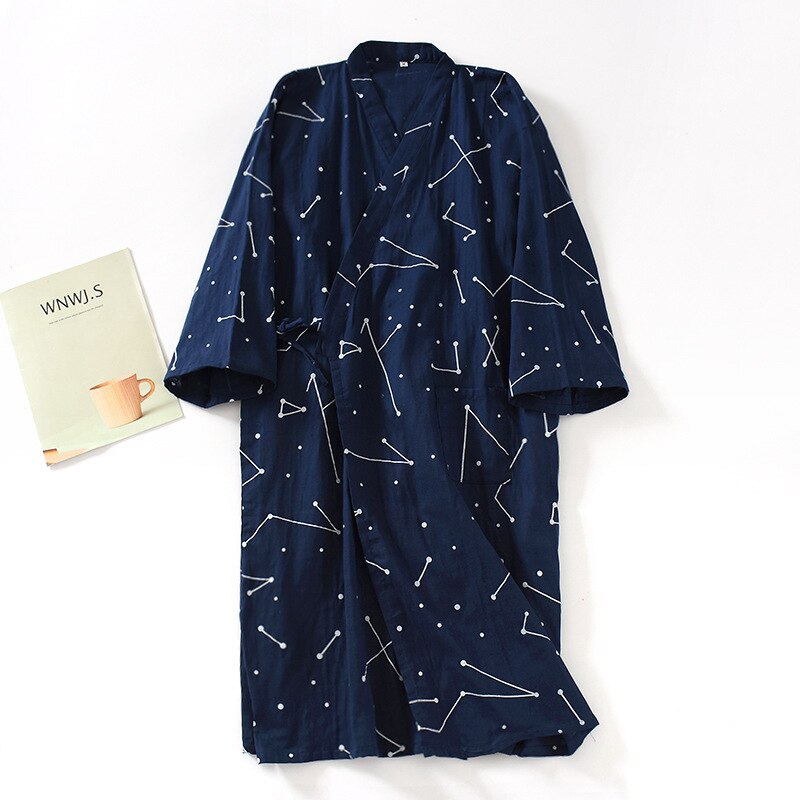 Bata de algodón de gasa para hombre, Kimono japonés Yukata fino suelto, pijama con capucha y cuello en V, novedad de 100%: M / Azul