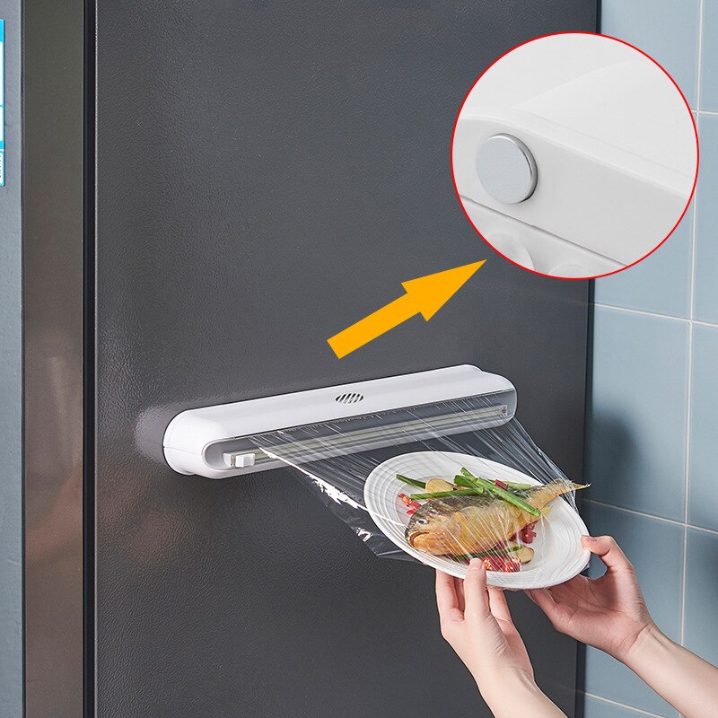 Food Wrap Dispenser Plastic Film Cutter Suction Cup Wall Mounted Kitchen Divider Adjustable Storage Cutter Storage Holder