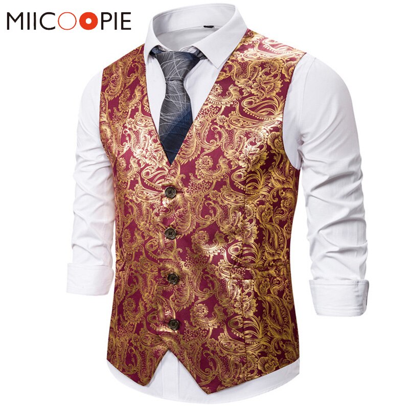 Guld steampunk herr röd väst casual paisley blommiga balklänningar väst herr företag ärmlös slim fit colete masculino