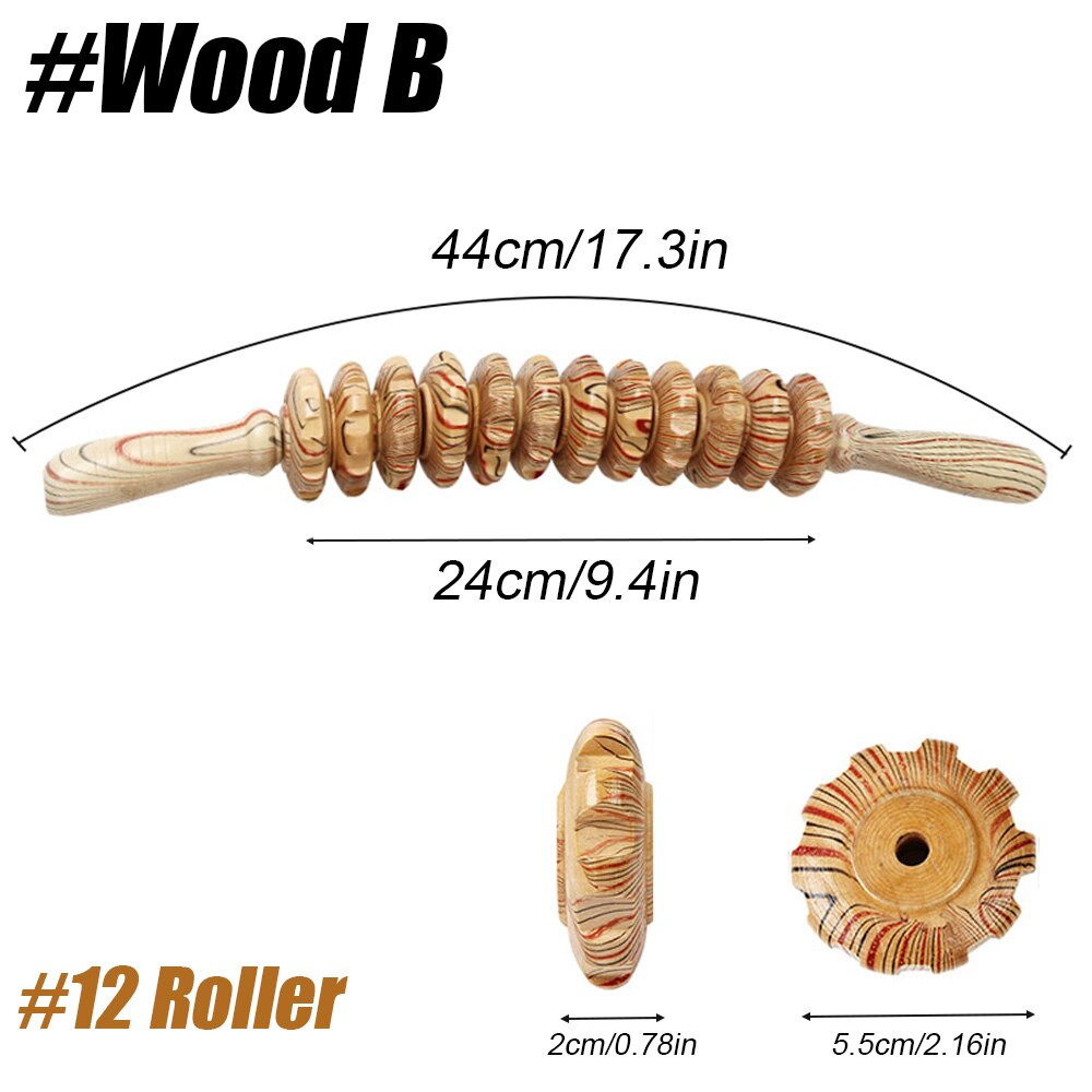 Rodillo de terapia de madera, herramienta de masaje, masajeador de Maderoterapia Colombiana de curvo, drenaje linfático, palo de punto gatillo: Wood B-12 Roller