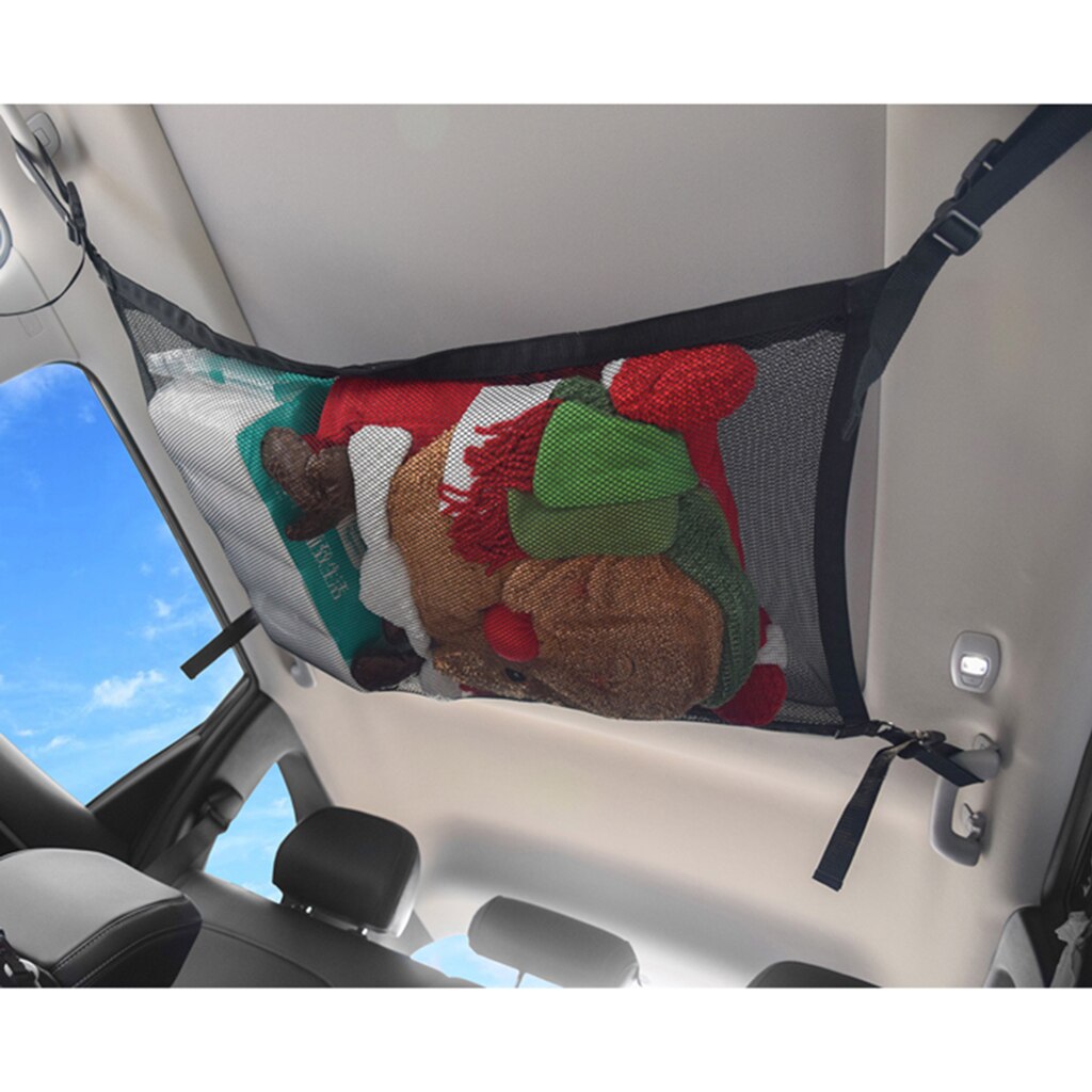 Car Roof Storage Bag Trunk Mesh Organizer Saving Space with 4 Thick Belts