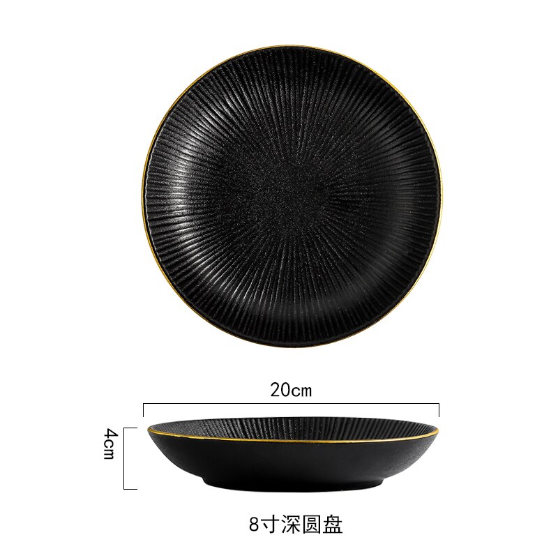 Western Food Plate Steak Tray Set Home Ceramic Dinner Plate Black Cutlery Kitchenware Restaurant Decorative Bowl European Style: 20x4cm