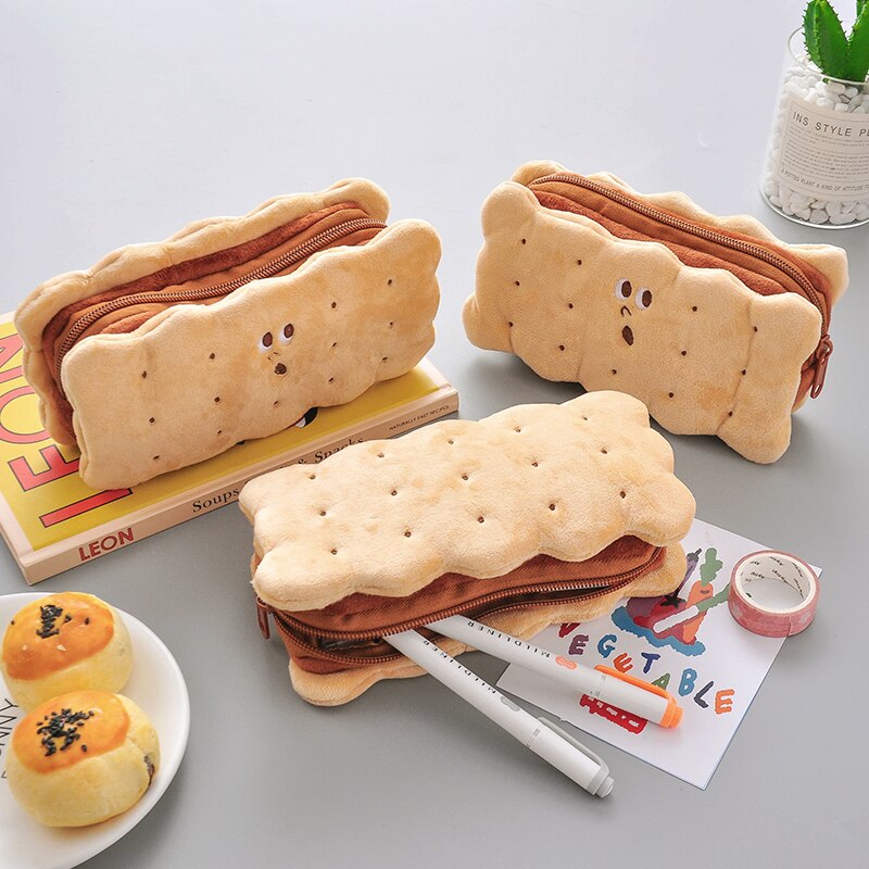Kawaii Cookie Sand Biscuit Soft Plush Pencil Case Bag Cute Pencilcase Kids Birthday School Stationery