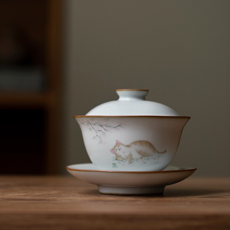 160ML Keramik Gaiwan Nette Katze Porzellan Terrine Chinesische Alte Glasur Jingdezhen Teaset Teekanne Schüssel für vielfältige Tee Porzellan: 01