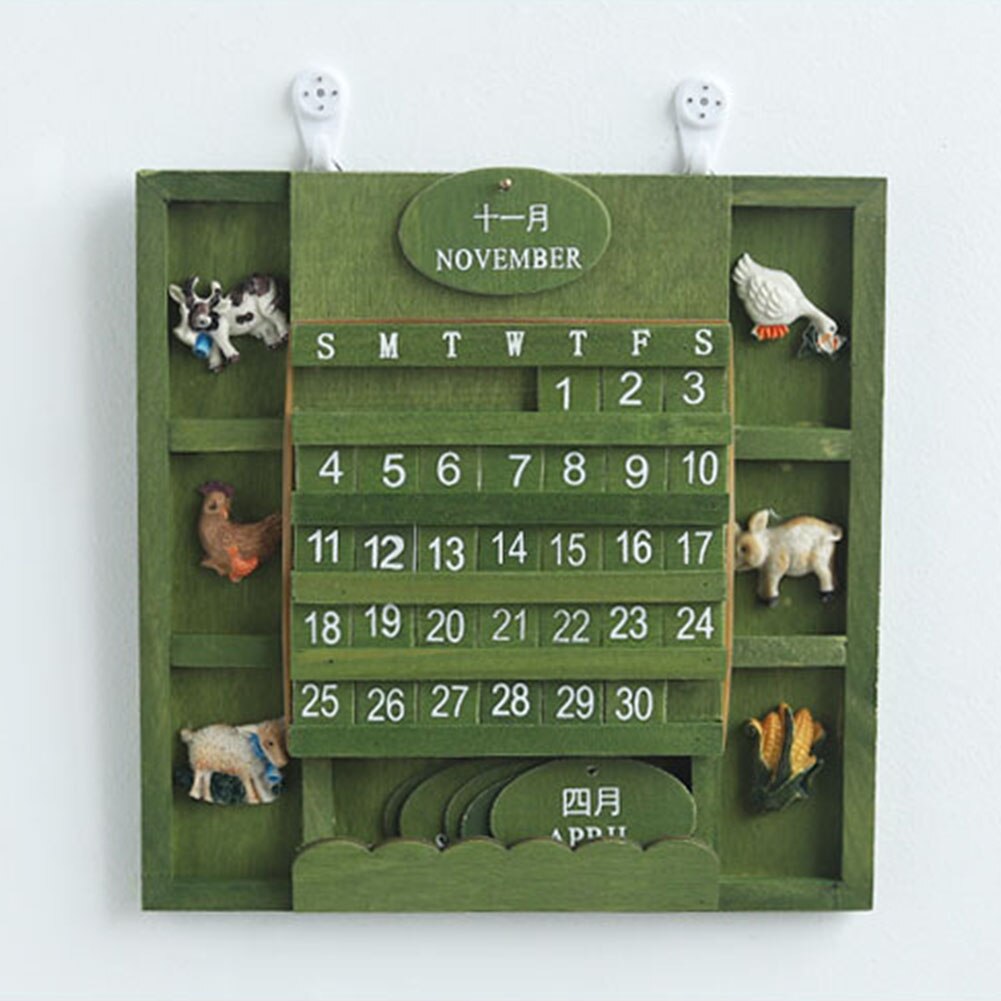 Manual Home Office Wood Calendar Decorative Hanging Permanent Perpetual Wall Animals Arts Practical Block Reusable Craft Vintage