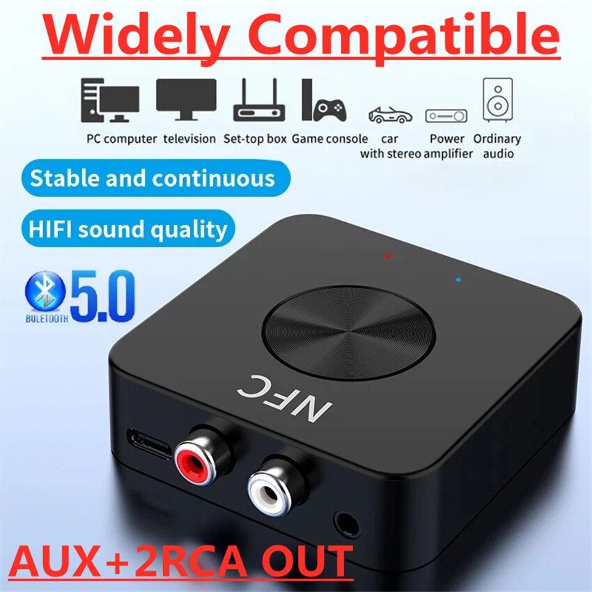 Bluetooth 5.0 Audio RCA ricevitore trasmettitore TF Card AptX 3.5mm Jack Aux NFC adattatore Wireless Stereo per auto TV PC 2 altoparlanti