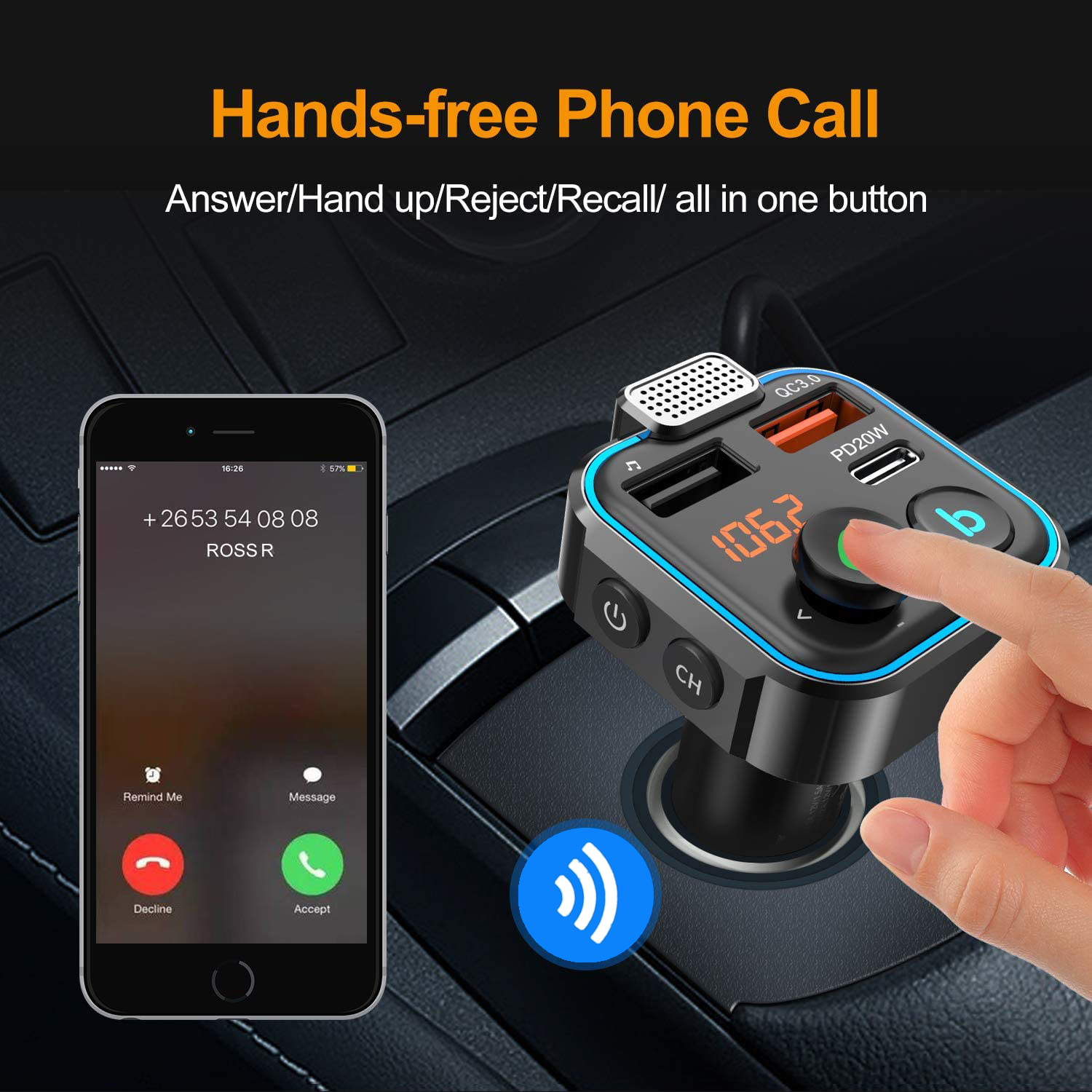 FM Transmitter Wireless Bluetooth Handsfree Car Kit with Type-C Fast Car charge Dual USB Mp3 Player Support TF Card Stereo Music