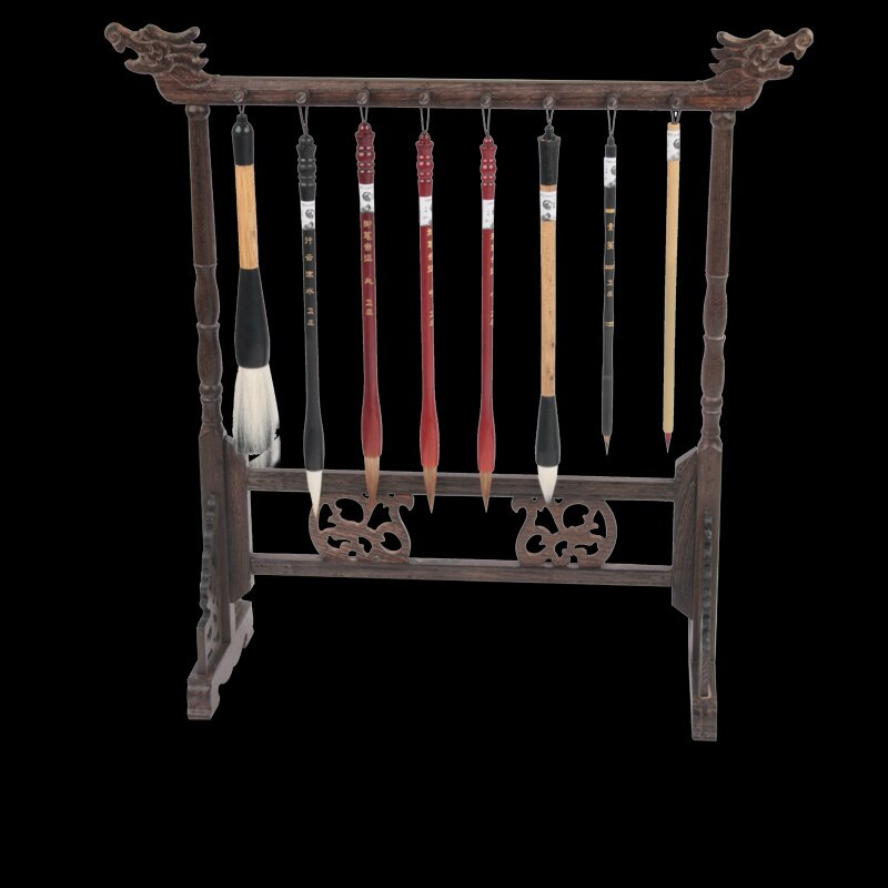 Unieke Solid Wenge Hout Schrijven Borstel Houder 12 Hangers Kalligrafie Penhouder Studie Schat Traditionele Schilderen Borstel Rack