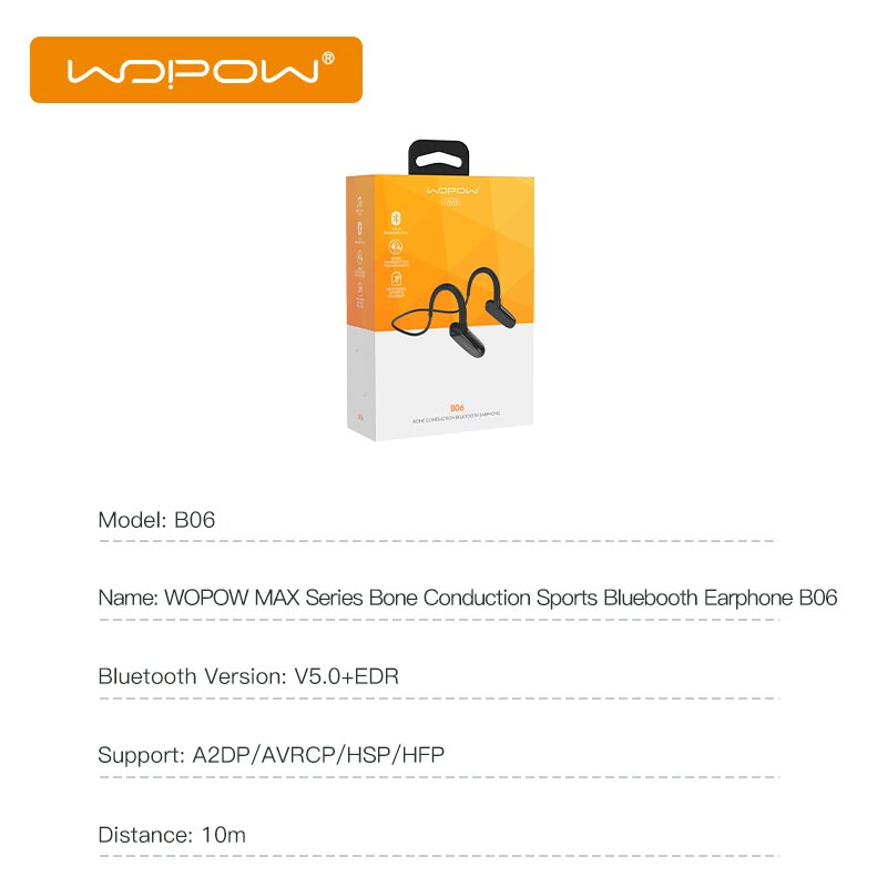 ] WOPOW B06 Bone Conduction Bluetooth Wireless Headset with Mic Open-ear Earphone with USB Long Standby Time Sports Earphone
