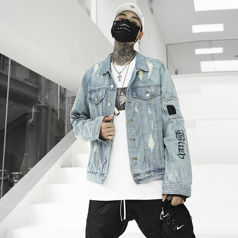 Mens Graffiti Denim Jassen Streetwear Hip Hop Casual Patchwork Ripped Verontruste Punk Rock Jeans Jassen Uitloper