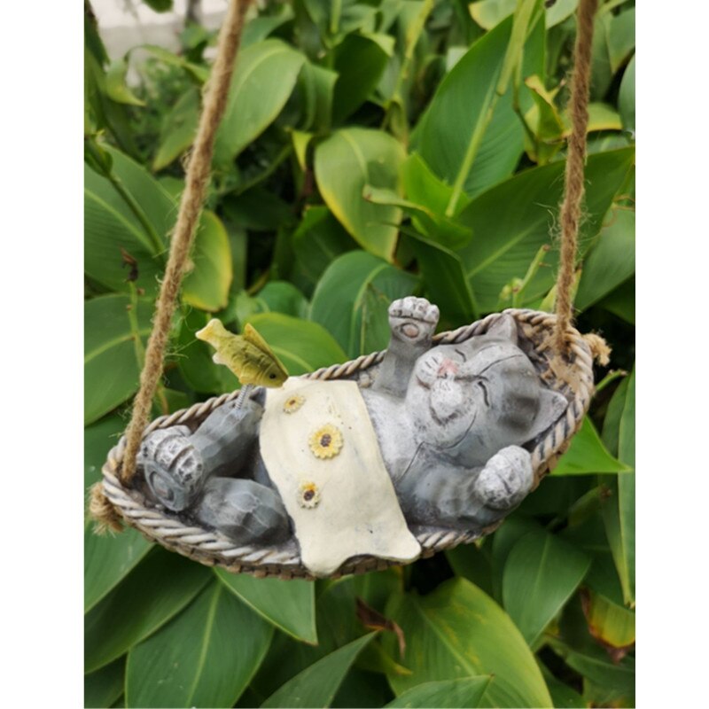 Pastoral Cute Animal Swing Cat Ornaments Pendant Crafts Outdoor Garden Figurines Craft Villa Kindergarten Sculpture Decor M5574