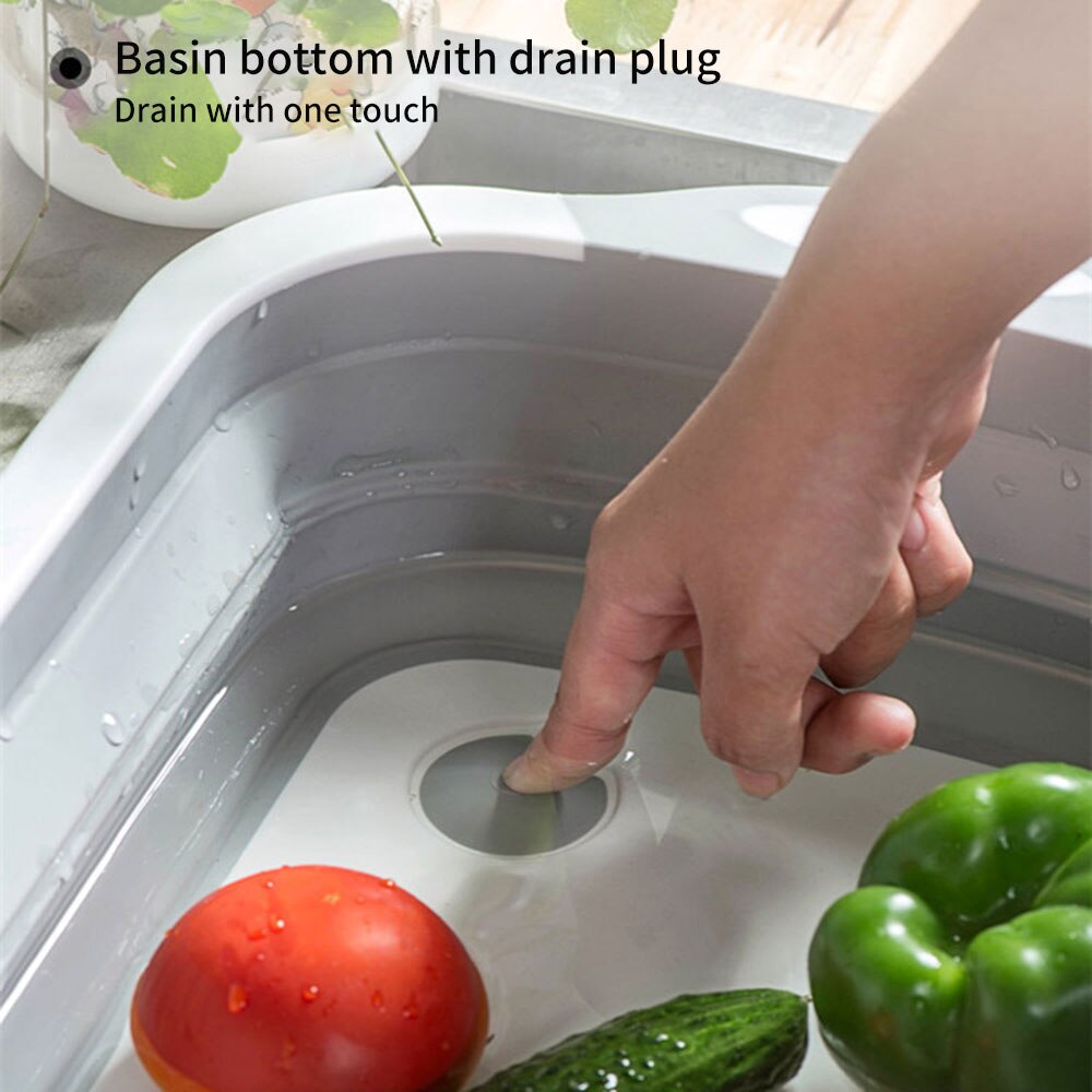 Panier planche à découper pliable 4 en 1, bac à vaisselle pliable avec bouchon de vidange passoire Fruits légumes lavage évier de rangement