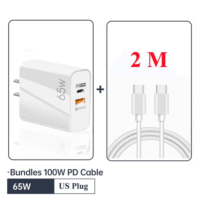 65w- gan usb-c-wandladegerät  pd 33w 4.0 für iphone 13 pro max , 12 12 3.0 macbook air, samsung galaxy und ipad pro: Und 2m kabel uswhite