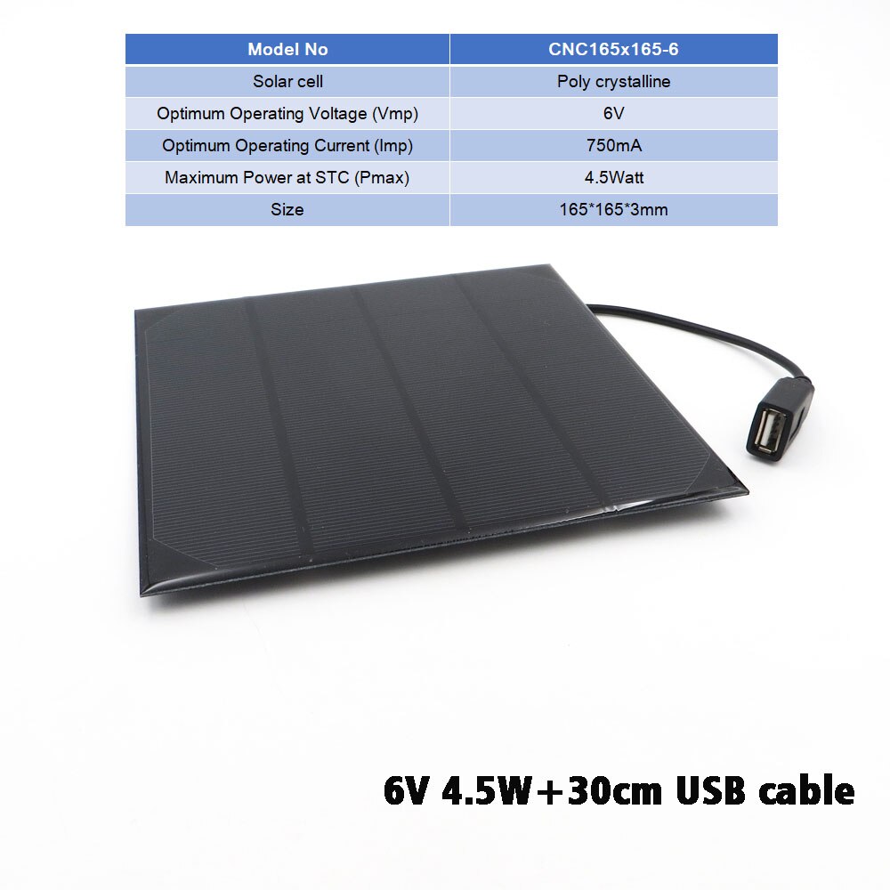 Aurinkopaneelin laturi 6v aurinkokenno monikiteinen diy aurinkolatausakkukaapeli 5v usb -ulostulon aurinkopaneeli 6 vdc 2 3 5 6 10 20 w: U6 v 4.5w