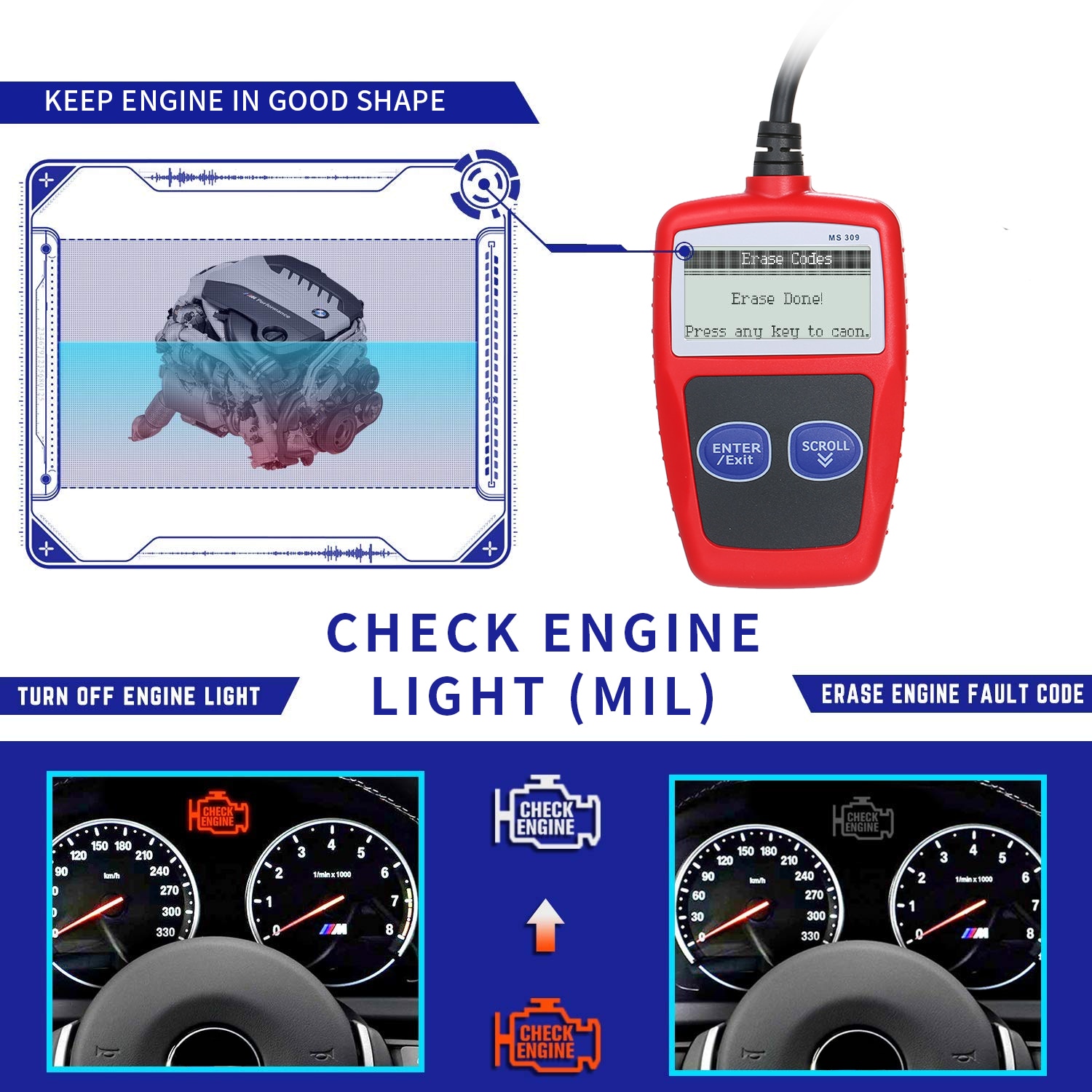 MS309 OBD2 Scanner Code Reader Car Auto Diagnostic Tool Scanner Automotive Engine Code Reader CAN Scan Tool Better Then ELM327