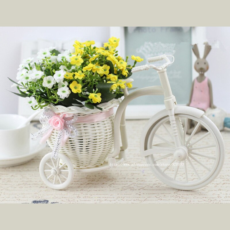 Rotting cykel vas med siden blommor färgglada mini ros blomma bukett tusensköna konstgjorda blommor för hem bröllop dekoration: B02