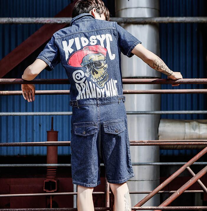 Jeans jumpsuit kortärmad herr one piece overall punk skull print herr jeansbyxor jumpsuits sommar herr set: Blå / L