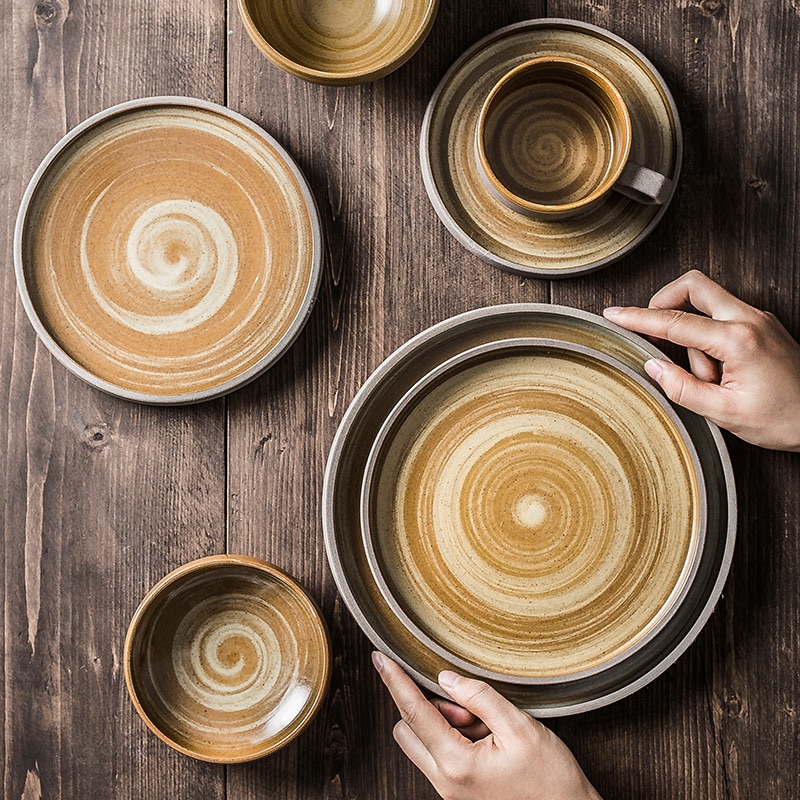 Grof Keramische Servies Set Japanse Ronde Plaat Rijstkom Thee Cup Retro Servies Platte Tray Koffie Cup Sushi Gerechten 1 stuks