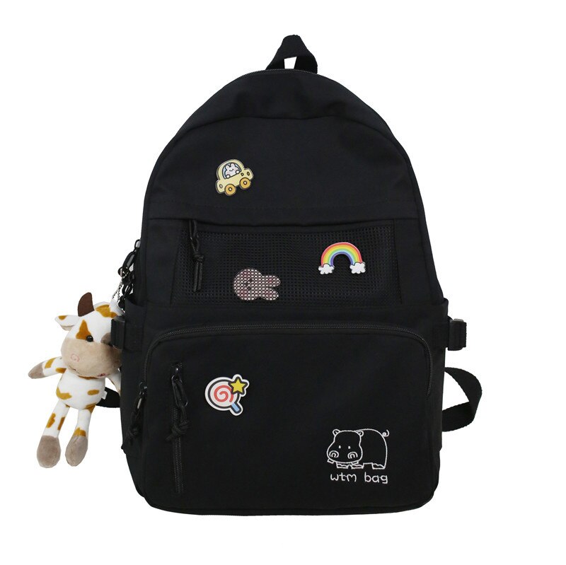 OKESYO Kawaii Rugzak met schattige hanger, accessoires, 5-delige set, grote Harajuku zeildoek, schooltas, trendy schooltas, college, reizen, dame, badge, rugzak, scholieren, boekentas, blauw