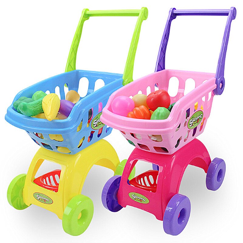25Pcs Kids Shopping Cart Toy Supermarket Trolley Groceries Cart Play House Kitchen Toy Set Simulation Fruit and Vegetable Toys