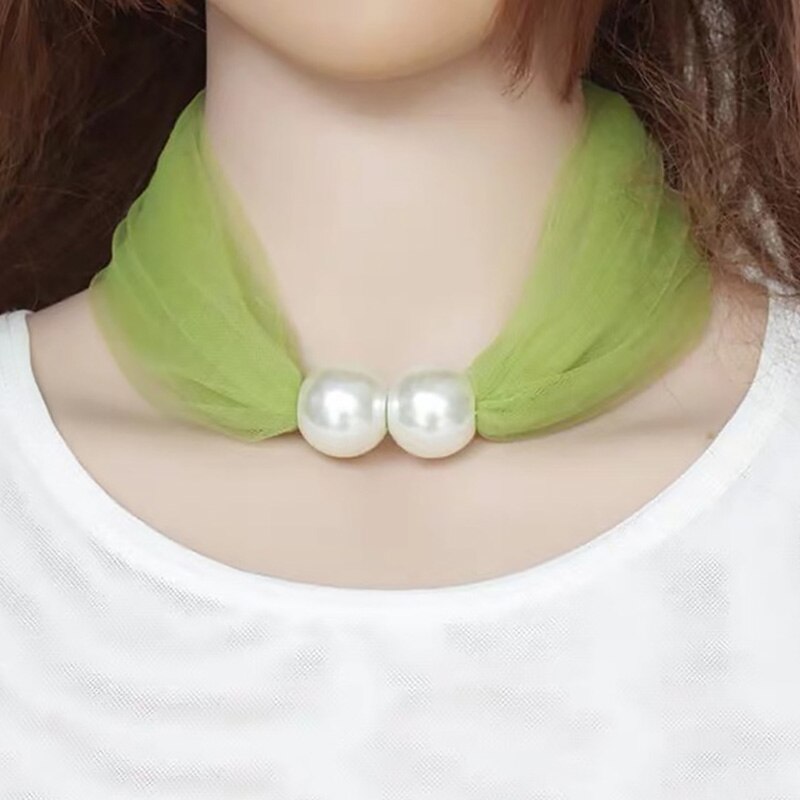 Spring Net Yarn Pearl Scarf Necklace Women Choker Party Jewelry Pure Color Scarf Necklaces: Green