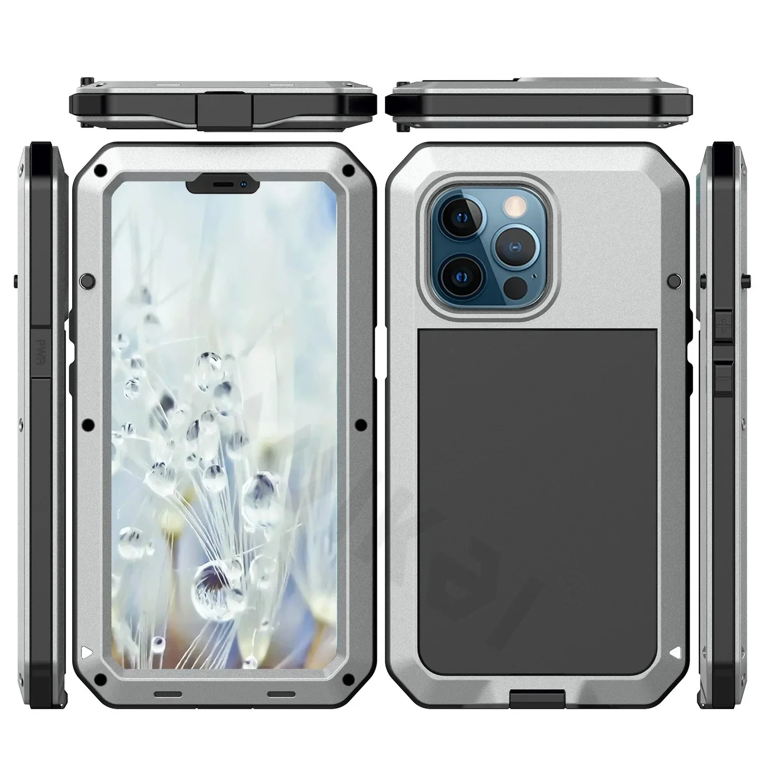 Metalen behuizing voor iPhone 16 Pro Max iPhone 15 Pro Max 14 13 Heavy Duty Schokbestendig Robuust Glas Schermlichaam Beschermhoes: PVC / Zilver