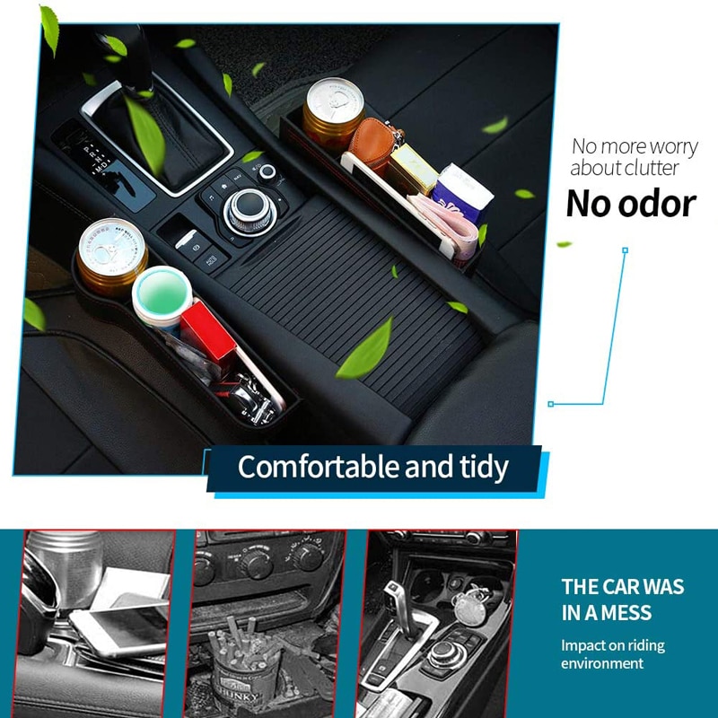 Caja de almacenamiento de cuero PU para hueco de asiento de coche, organizador de bolsillo multifuncional, soporte para botella de teléfono, accesorios para coche