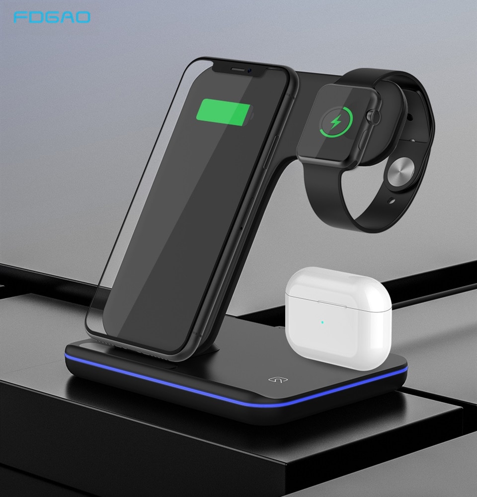 FDGAO 15W Qi Fast Wireless Charger Stand For iPhone 11 Pro XS XR 8 X 3 in 1 Charging Dock for Apple Watch 5 4 3 2 1 Airpods Pro