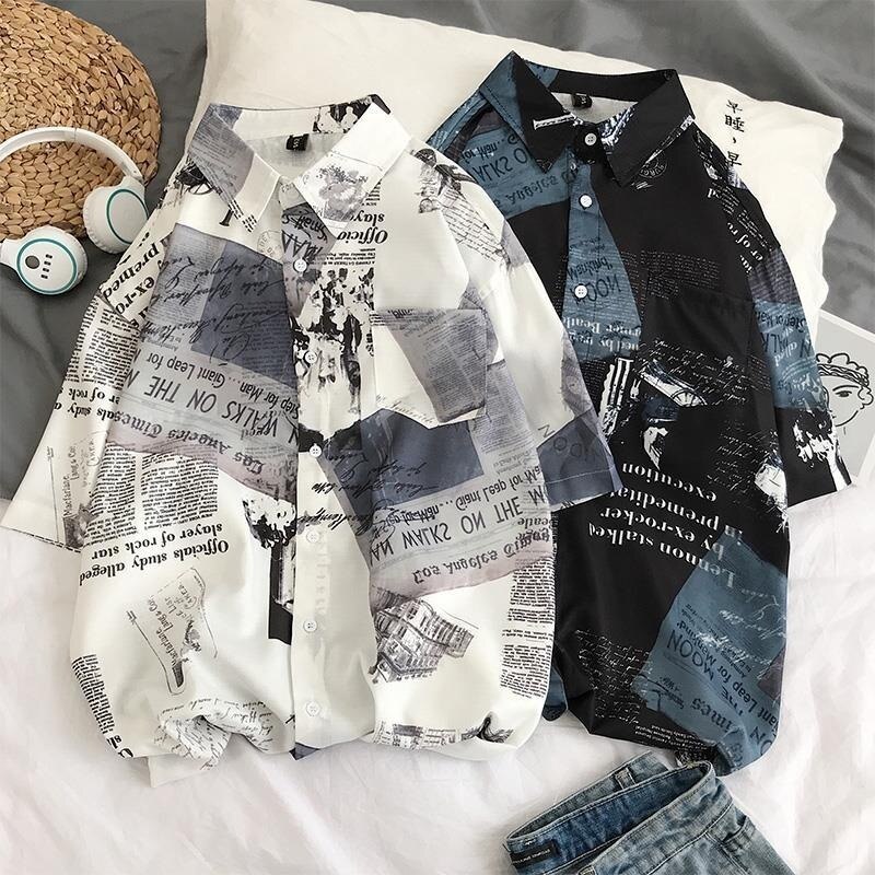 Menn skjorter korte ermer trykt løs fritidsskjorte sommer koreansk stil ulzzang street wear all match studenter herre topper