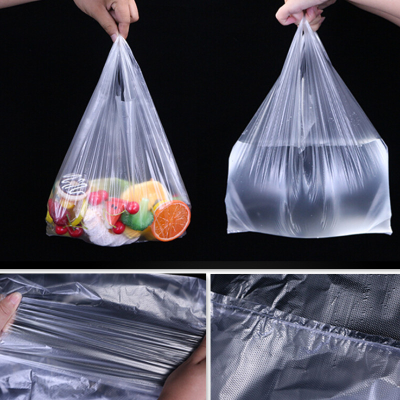 Bolsa de compras de plástico, 100 Uds., bolsas transparentes para supermercado con asa, embalaje de alimentos