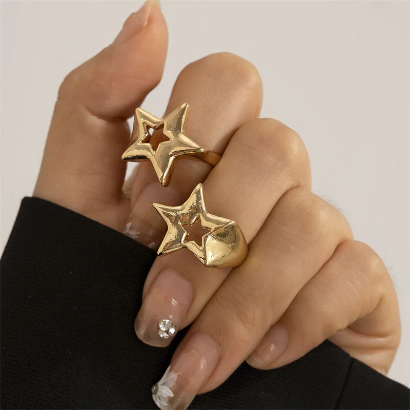 2 unids/set de anillos huecos para mujeres y hombres, Punk, estrella de cinco puntas, geométrico, Color dorado y plateado, conjuntos de anillos de joyería para nudillos