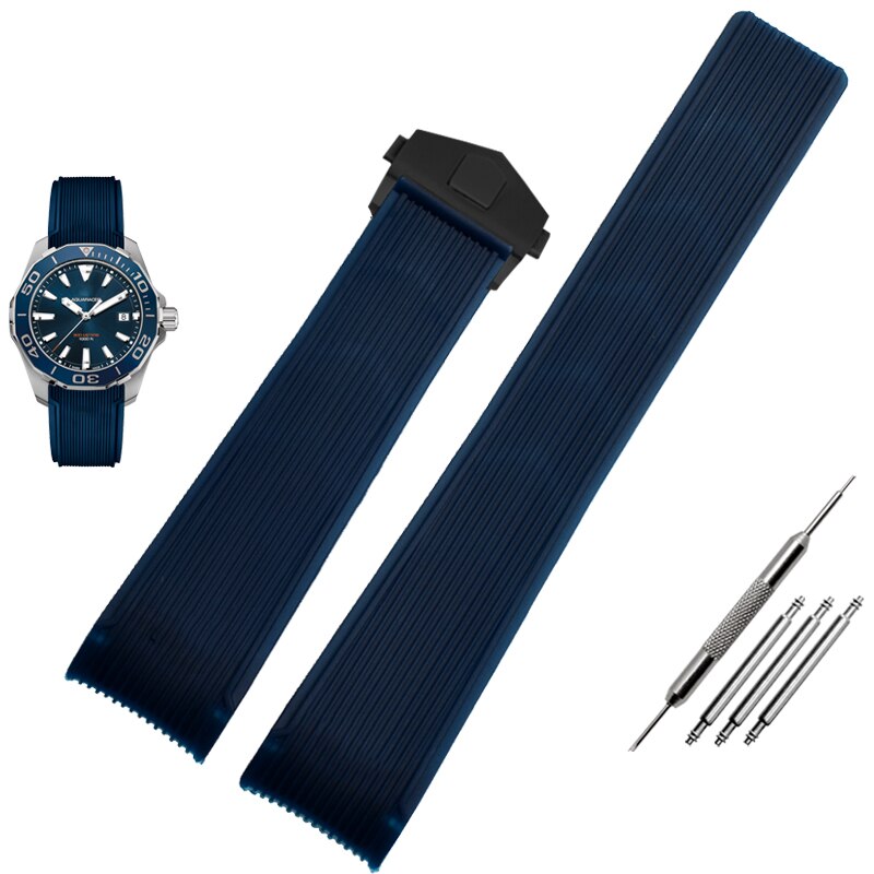 Rubber watchband for TAG WAY201A/WAY211A 300|500 wrist strap 21mm 22mm Arc end black blue Watch Band with folding buckle: Blue black clasp / 21mm