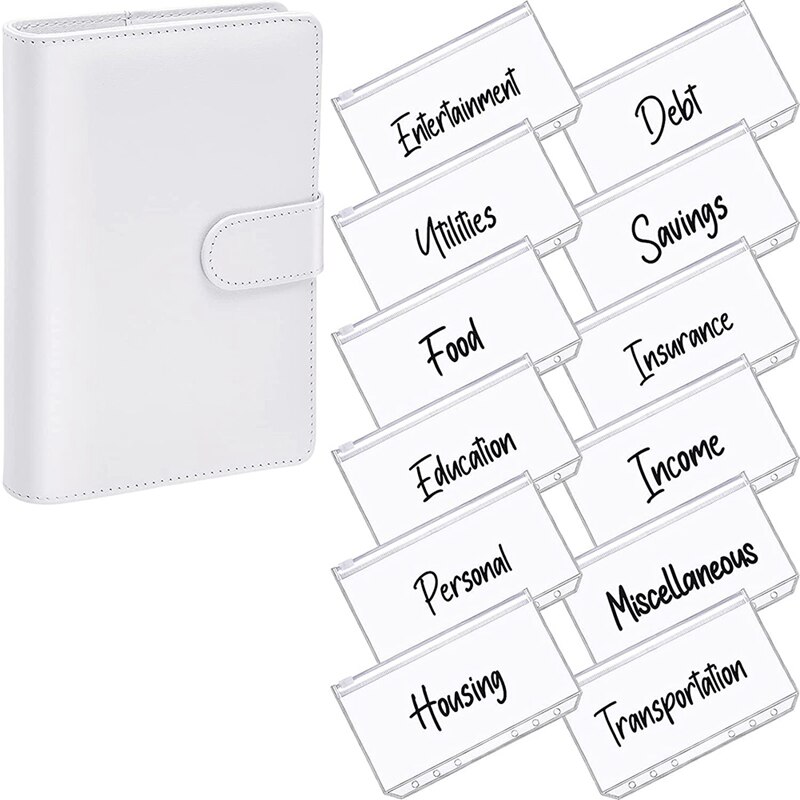 A6 PU Leather Notebook Magnetic Personal Planning Binder with 12 Binder Pockets Binder Zipper Folder for Bill Planning: white