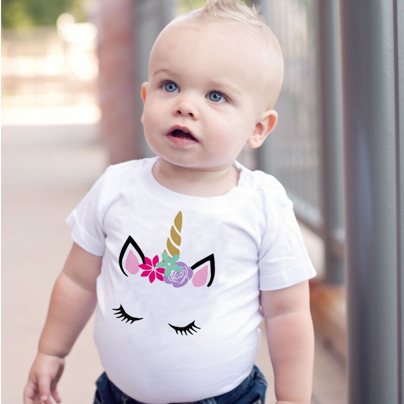 Meninas da criança Do Bebê T-Shirt Infantil Branco Unicórnio Fantasia Camisetas Menino Meninas Verão Algodão de Manga Curta Camisetas Crianças Tops Casuais