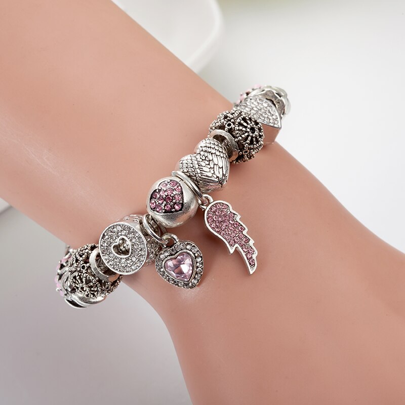 ANNAPAER European Pink Crystal Angel Wings Charm Bead Fit Original Bracelets for Women Bracelet Jewelry B17044