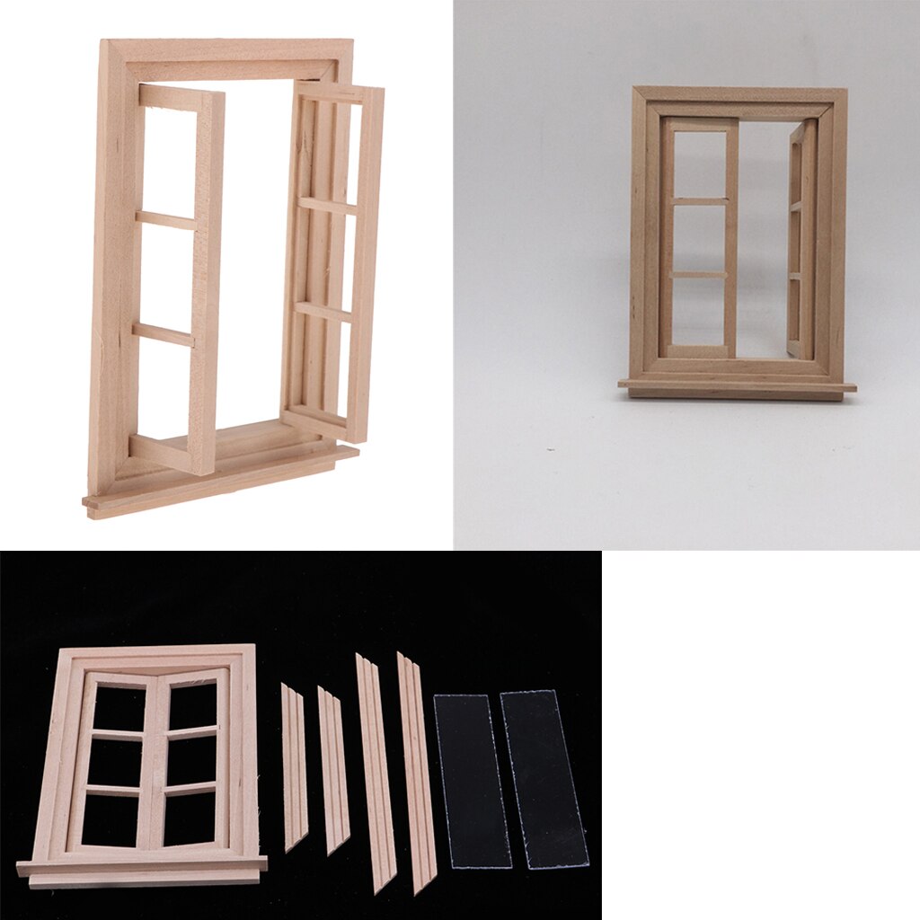 3 stuks 1/12 poppenhuis miniatuur ongeverfd hout 6 ruiten dubbel raamkozijn