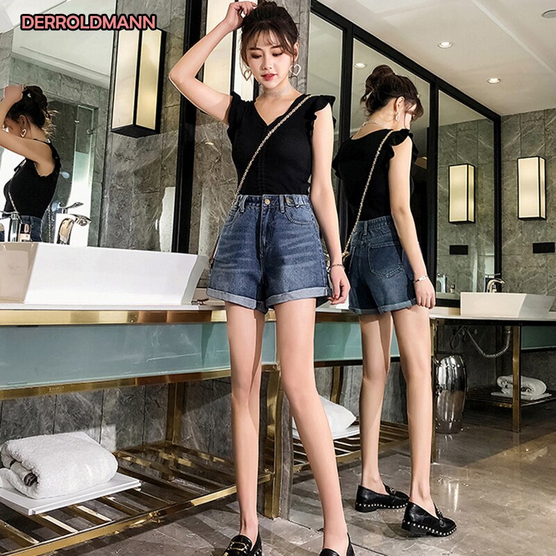 High Waist Ladies Jeans Sexy Short Pants Straight Denim Washed Cuffs Bleached Jeans Women Cotton Denim with Pocket