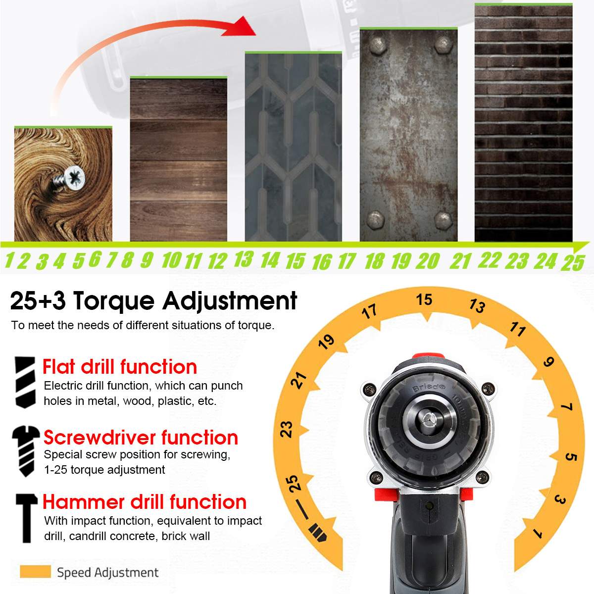 25+3 Torque 48V Cordless Electric Impact Drill Li-ion Battery LED Working Light Screwdriver DIY Home Hand Flat Drill Power Tools