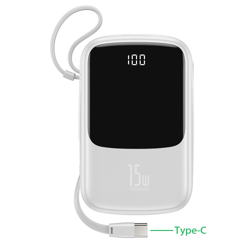 Baseus Power Bank 10000Mah 15W Snel Opladen Met Oplaadkabel Ubs Type C Lader Digitale Display Draagbare Batterij powerbank: White For Type C