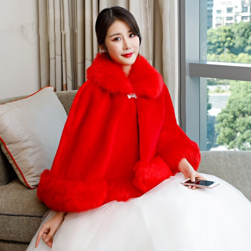 Winter Trouwjurk Cape Bont Faux Jas Sjaal Voor Vrouwen Bridal Party 2022: Rood