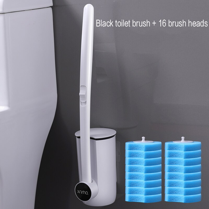 Cabeça de escova substituível da escova do toalete do banheiro descartável e conjunto do êmbolo com punho longo nenhum canto morto escova de limpeza: Black 16 brush head