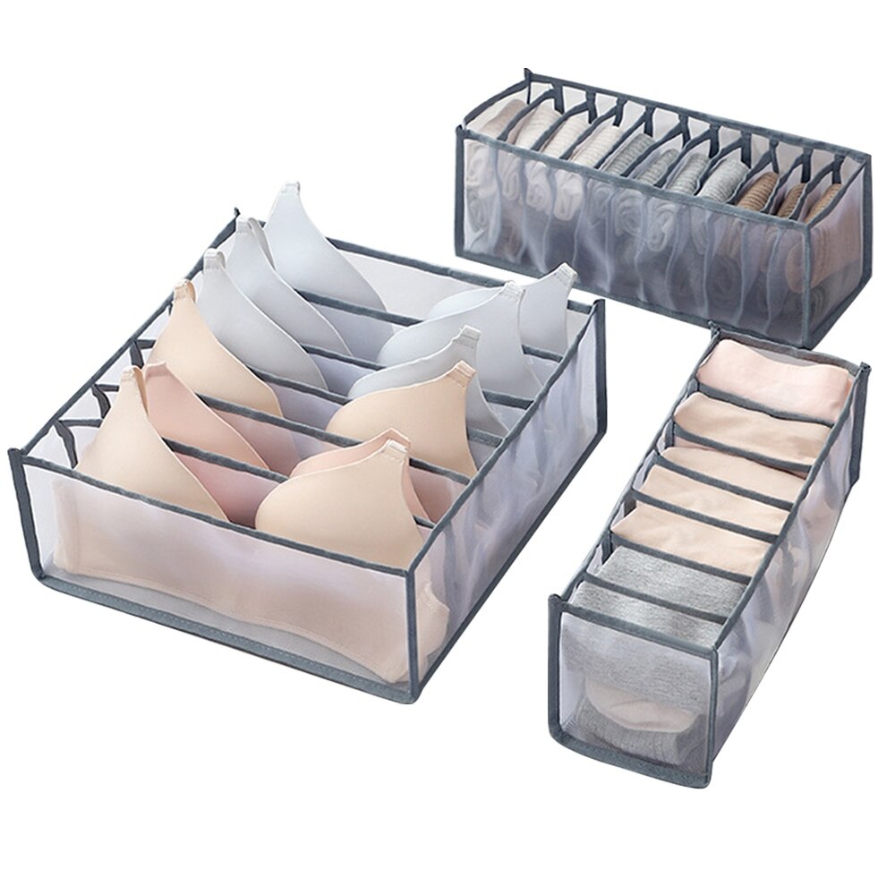 Opvouwbare Ondergoed Opbergdoos Met 6/7/11 Compartimenten Nylon Divider Doos Sokken Bra Underpants Garderobe Drawer Closet Organizer #: gray 3pcs