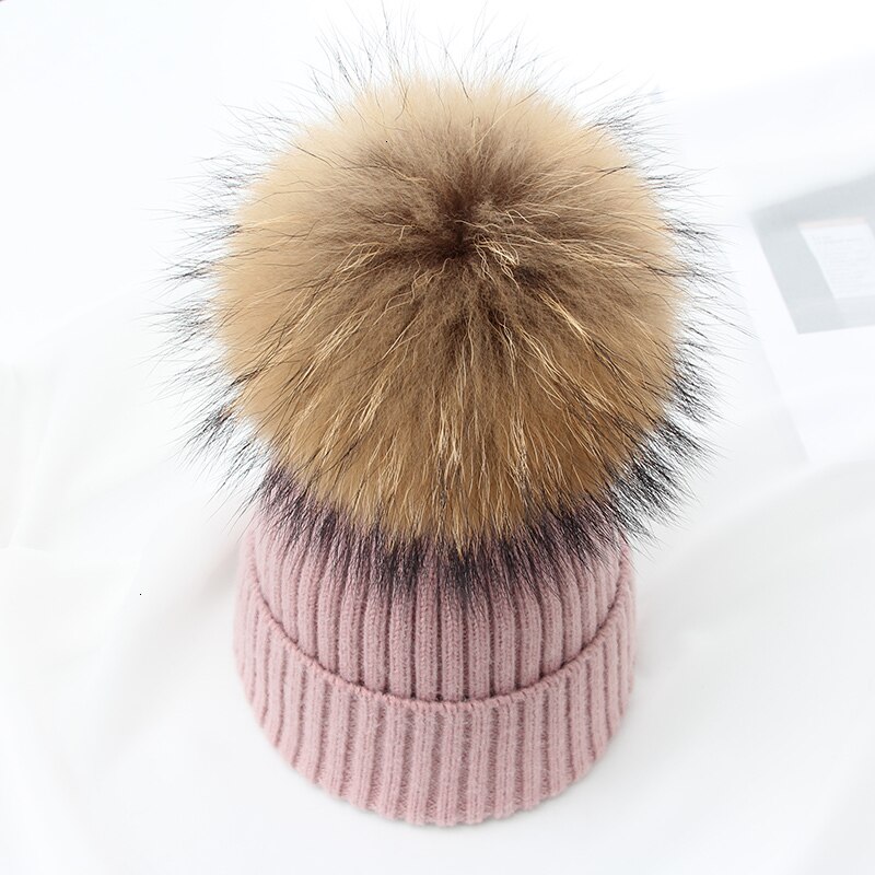 Vinter brand kvindelig pels pom poms hat vinter hat til kvinder piger hat strikkede beanies cap hat tyk kvinder uld skullies beanies: Hud lyserød