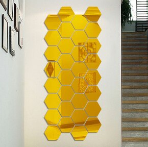 Espejo hexagonal 3D geométrico para decoración del hogar, pegatina de pared para agrandar la sala de estar, seguridad extraíble, 4 tamaños, 12 Uds.: Dorado / 177x153x90mm