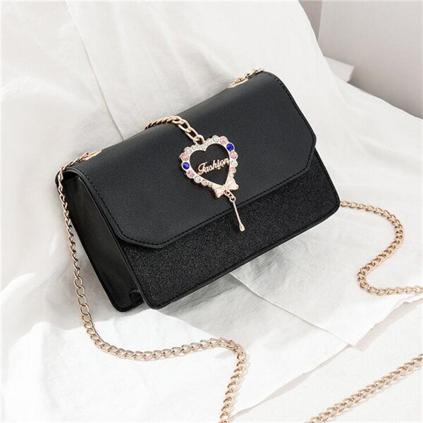 Gusure Shoulder Bag - Heart Sequin Flap - Chain Strap - Small PU Purse for Women: Black