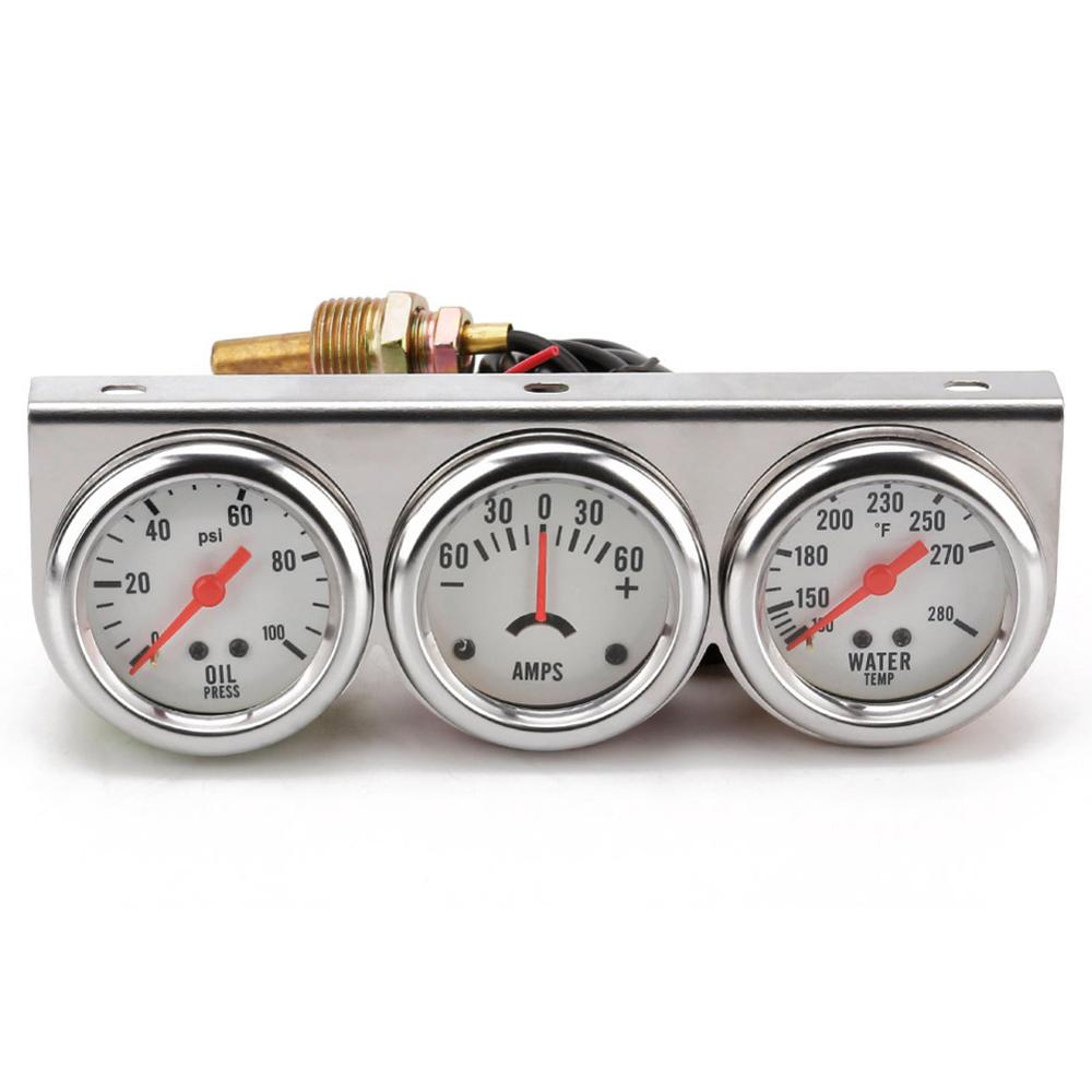 2 inch Chrome Panel Oil Pressure gauge Water Temp gauge Amp Meter Triple Gauge kit Set White Face Car meter