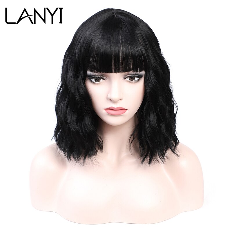 Perucas de cabelo curto ondulado sintético da onda de água com franja fibra resistente ao calor cosplay peruca de cabelo diário preto vermelho azul claro